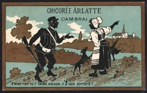 Sammelbild Cambrai, Arlatte & Cie., Chicorée, Jäger mit Gewehr und Hund auf einem Feld