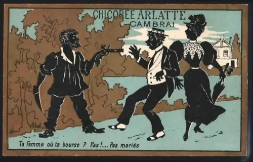 Sammelbild Cambrai, Arlatte & Cie., Chicorée, Räuber mit Pistole und Messer bei der Arbeit