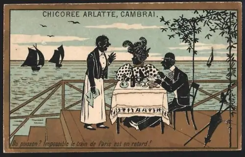 Sammelbild Cambrai, Arlatte & Cie., Chicorée, Paar an einem Tisch vor dem Meer