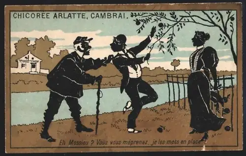 Sammelbild Cambrai, Arlatte & Cie., Chicorée, Mann wird beim Stehlen von Äpfeln erwischt