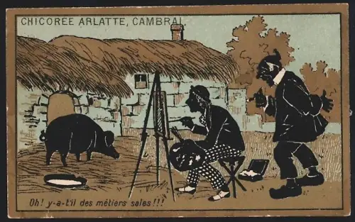 Sammelbild Cambrai, Arlatte & Cie., Chicorée, Künstler zeichnet ein Schwein