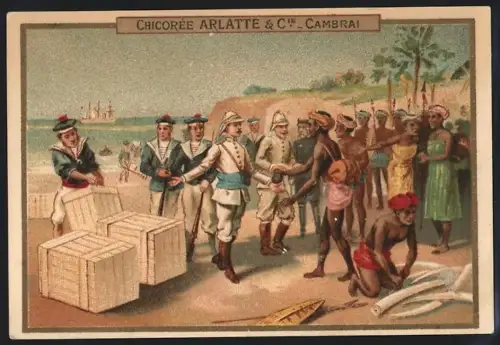 Sammelbild Cambrai, Arlatte & Cie., Chicorée, Expedition trifft auf Eingeborene