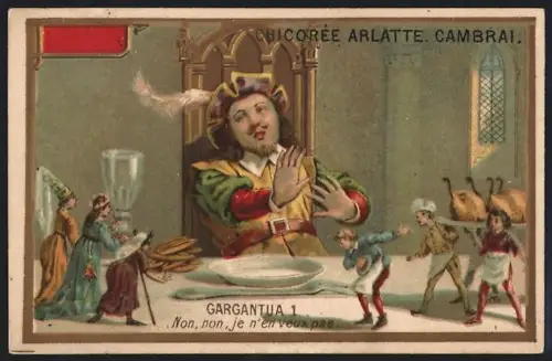 Sammelbild Cambrai, Arlatte & Cie., Chicorée, Riese mit kleinen Menschen auf dem Tisch