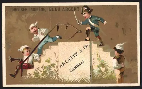 Sammelbild Cambrai, Arlatte & Cie., Chicorée, Kind in Uniform und mit Säbel läuft anderen Kindern nach