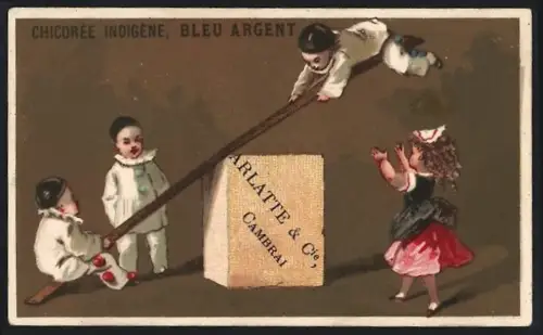 Sammelbild Cambrai, Arlatte & Cie., Chicorée, Kinder in Pierrot-Kostümen auf einer Wippe