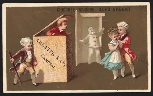 Sammelbild Cambrai, Arlatte & Cie., Chicorée, Pierrot im Hintergrund, Kind steigt aus einer Kiste