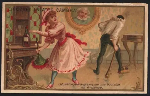 Sammelbild Cambrai, Arlatte & Cie., Chicorée, Hübsches Hausmädchen und Mann mit Bürste am Schuh