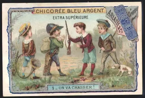Sammelbild Cambrai, Arlatte & Cie., Chicorée, Kinder bei der Jagd mit Hund