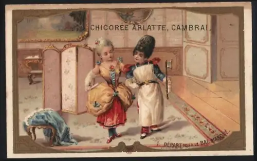 Sammelbild Cambrai, Chicoree Arlatte, Paar ist bekleidet für einen Maskenball