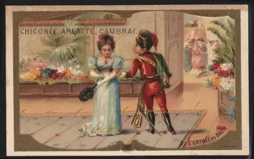 Sammelbild Cambrai, Chicoree Arlatte, Paar vor dem Zugang zum Maskenball