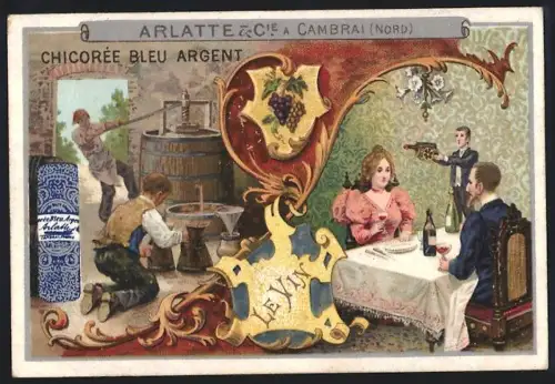 Sammelbild Cambrai, Chicoree Arlatte, Winzer keltern Wein, Ober reicht Wein im Restaurant