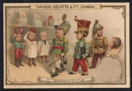 Sammelbild Cambrai, Chicoree Arlatte, Knaben in Uniform inspizieren Kaserne