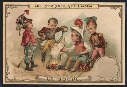Sammelbild Cambrai, Chicoree Arlatte, Knaben in Uniform kochen Suppe im Biwak
