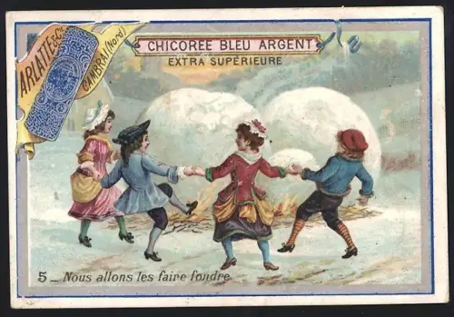 Sammelbild Cambrai, Chicoree Arlatte, Kinder tanzen um ein Feuer herum