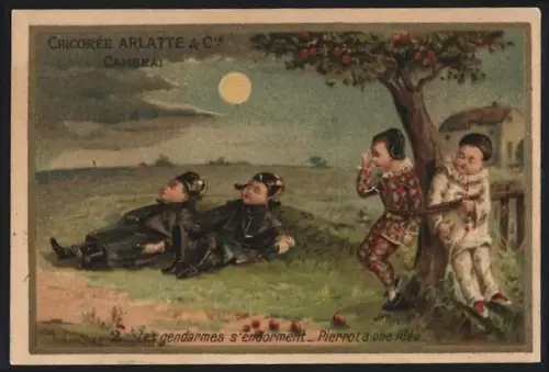 Sammelbild Cambrai, Chicoree Arlatte, Harlekins sind an einen Apfelbaum gefesselt