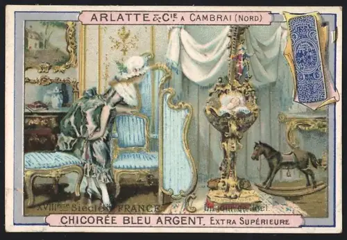 Sammelbild Cambrai, Chicoree Arlatte, France 1800, Edeldame und Schaukelpferd nebst Babywiege