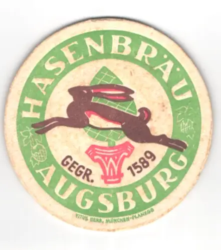 Bierdeckel Augsburg, Hasenbräu, Logo mit Hase, Stadttor