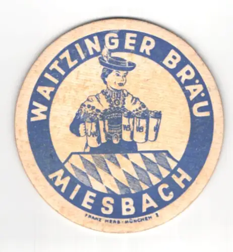 Bierdeckel Miesbach, Waitzinger Bräu, Kellnerin mit Bierkrügen