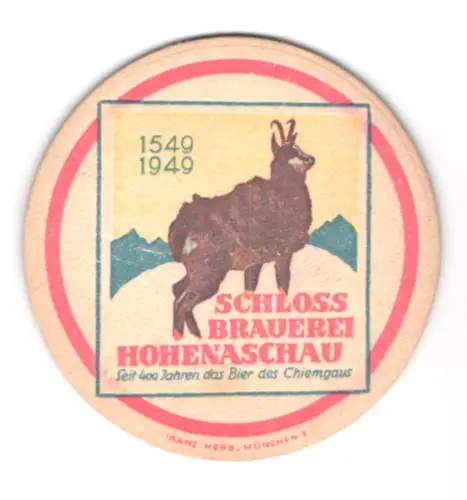 Bierdeckel Hohenaschau, Schlossbrauerei, Gämse im Gebirge