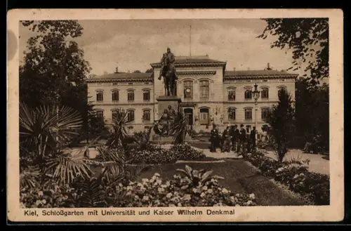 AK Kiel, Schlossgarten mit Universität und Kaiser Wilhelm Denkmal