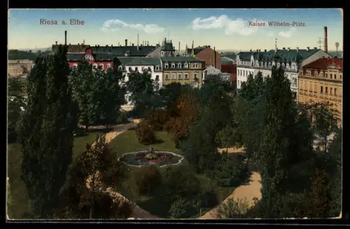 AK Riesa a. Elbe, Kaiser Wilhelm-Platz aus der Vogelschau