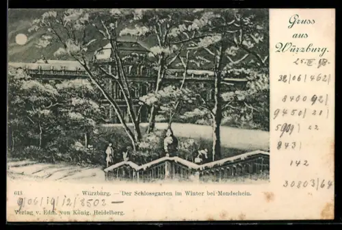 AK Würzburg, Schlossgarten im Winter bei Mondschein