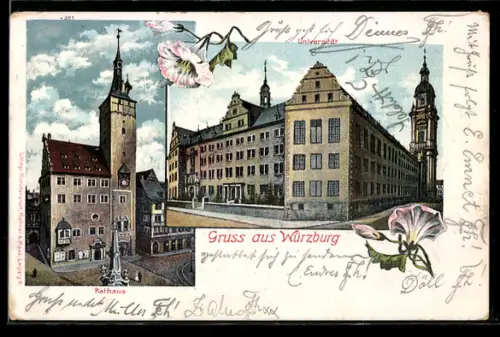 AK Würzburg, Rathaus, Universität, Blumen
