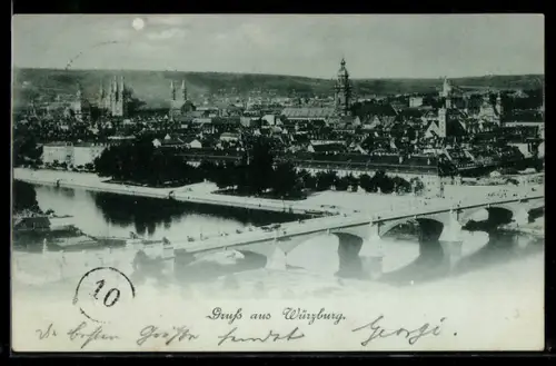 Mondschein-AK Würzburg, Ortsansicht mit Brücke und Dom