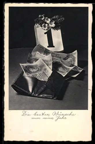 AK Geldscheine in einer Geldbörse unter dem Kalenderblatt von Neujahr, Neujahrsgruss