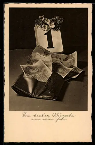 AK Geldscheine in einer Geldbörse unter dem Kalenderblatt von Neujahr, Neujahrsgruss