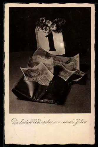 AK Geldscheine in einer Geldbörse unter dem Kalenderblatt von Neujahr, Neujahrsgruss