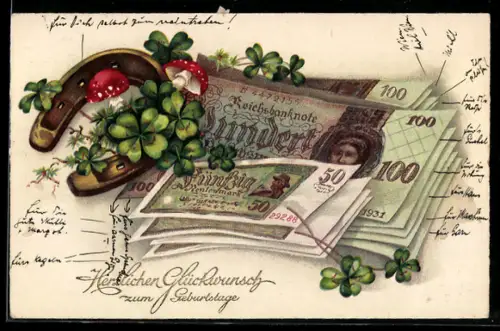 AK Ein frohes neues Jahr, Klee, Hufeisen, Fliegenpilze und Geld