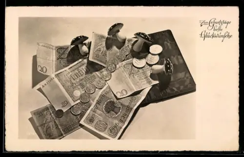 AK Geldscheine, Brieftasche u. Fliegenpilze, Geburtstagsgruss