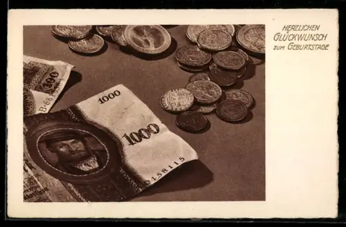 AK 100- u. 100-Markschein, Münzen, Geburtstagsgruss