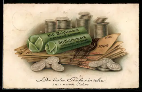 AK Geldmünzen in Rollen 100 Reichsmark und Banknoten