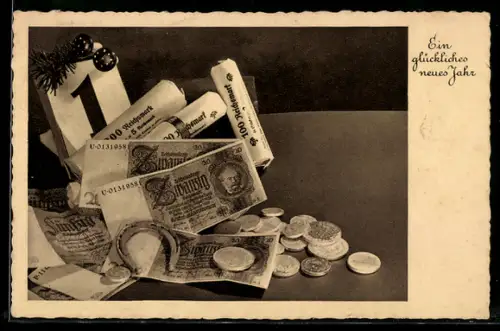 AK Geldschein 20 Reichsmark, Geldstücke, Hufeisen, Neujahr