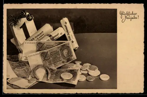 AK Glückliches Neujahr!, Banknoten und Geldmünzen