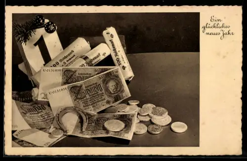 AK Geldschein 20 Reichsmark, Geldstücke, Hufeisen, Neujahr
