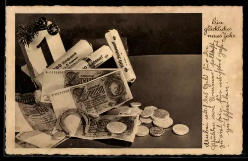 AK Geldschein 20 Reichsmark, Geldstücke, Hufeisen, Neujahr