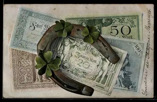 AK Banknoten mit Hufeisen, Glücksklee
