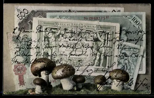 AK Reichskassenscheine mit Steinpilzen, 500, 100, 5 Mark