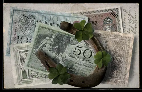 AK Reichsbanknoten mit Hufeisen u. Glücksklee