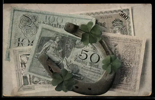 AK Reichsbanknoten mit aufliegendem Hufeisen, Glücksklee