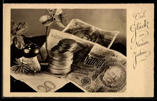 AK Banknoten, Geldmünzen und Kleeblätter, Glückwunsch zum neuen Jahr