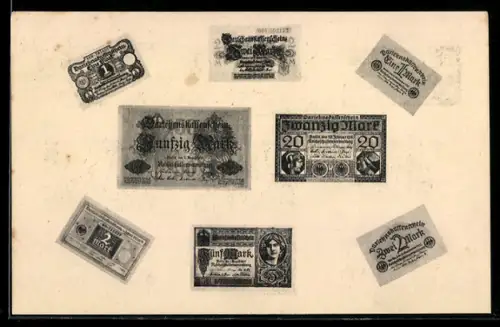 AK Reichskassenscheine 1 Mark, 2 Mark, 20 u. 50 Mark