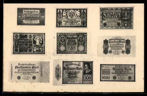 AK Geldscheine der Reichsbank, Wert zwischen 10 und 1000 Mark