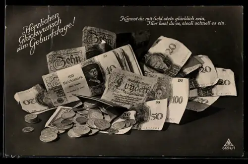 AK Kannst du mit Geld..., Geldscheine, Börse mit Münzen, Geburtstagsgruss