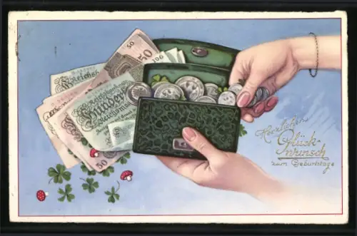 AK Frau nimmt Geld aus vollem Portmonnaie, Geburtstagsglückwünsche