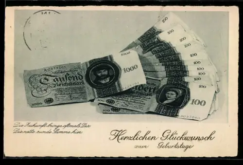 AK Die Zukunft..., Aufgefächerte Geldscheine, Geburtstagsgruss