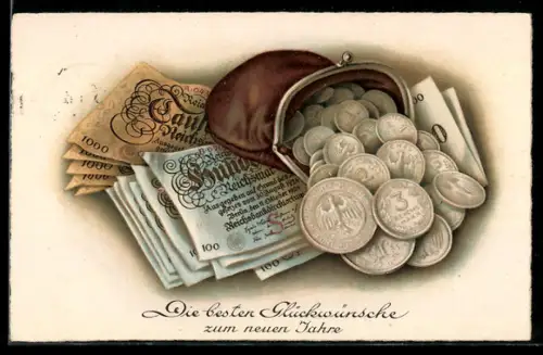 AK Geldscheine und Börse voller Münzen